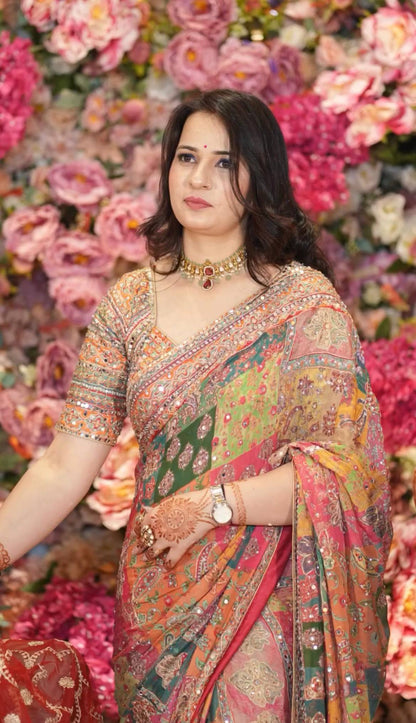 MULTI COLOR DESIGNER CHINNON SAREE WITH HAND MIRROR WORK