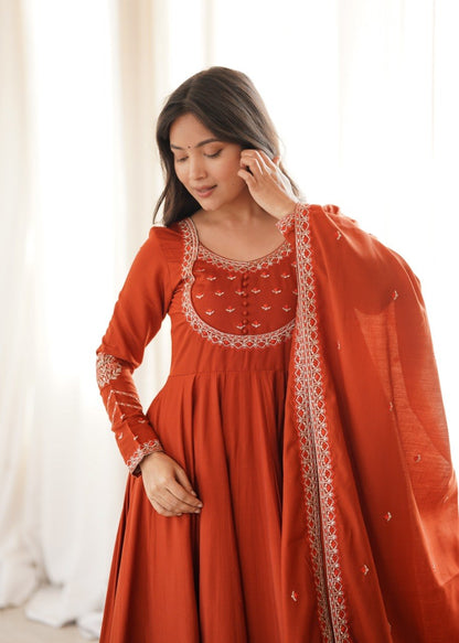 RUST ORANGE ROMAN CHANDERI SILK EMBROIDERED 16 KALI ANARKALI SUIT SET