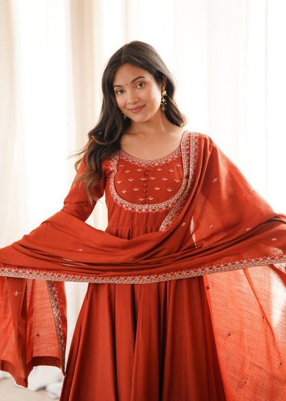 RUST ORANGE ROMAN CHANDERI SILK EMBROIDERED 16 KALI ANARKALI SUIT SET
