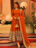 PREMIUM ROMAN SILK ORANGE COLOR ANARKALI SUIT SET OF 3