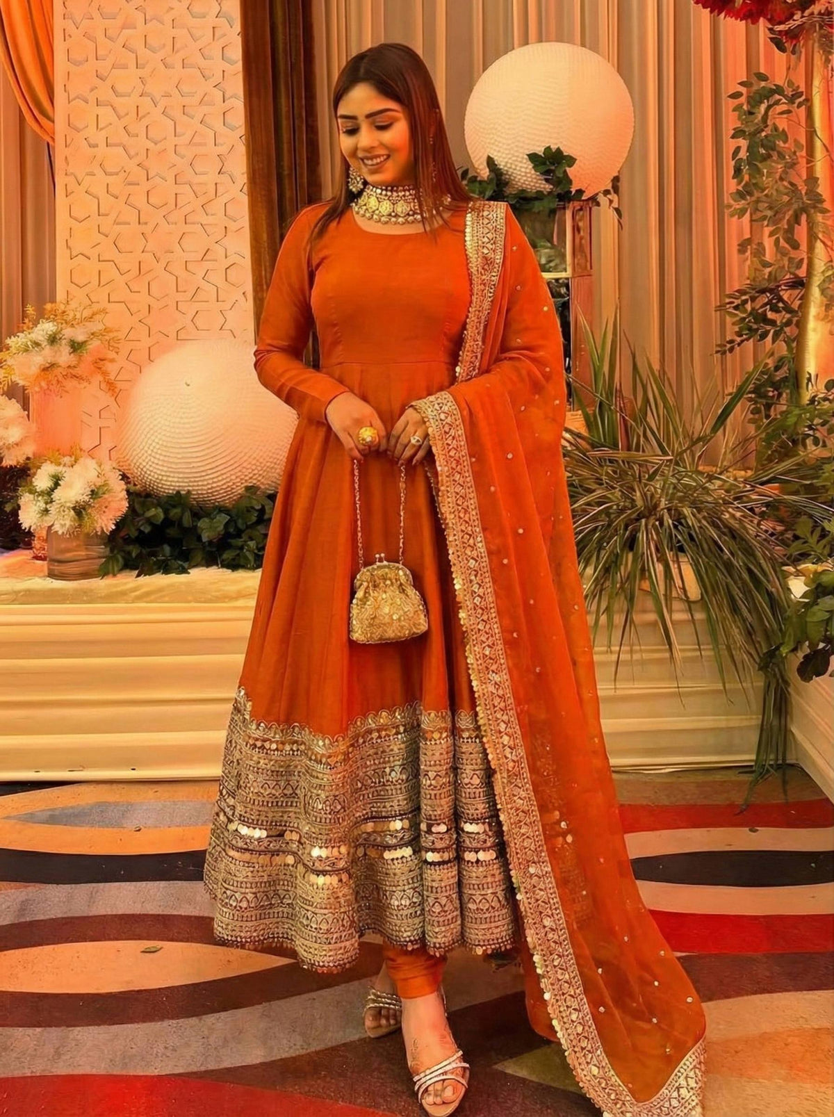 PREMIUM ROMAN SILK ORANGE COLOR ANARKALI SUIT SET OF 3