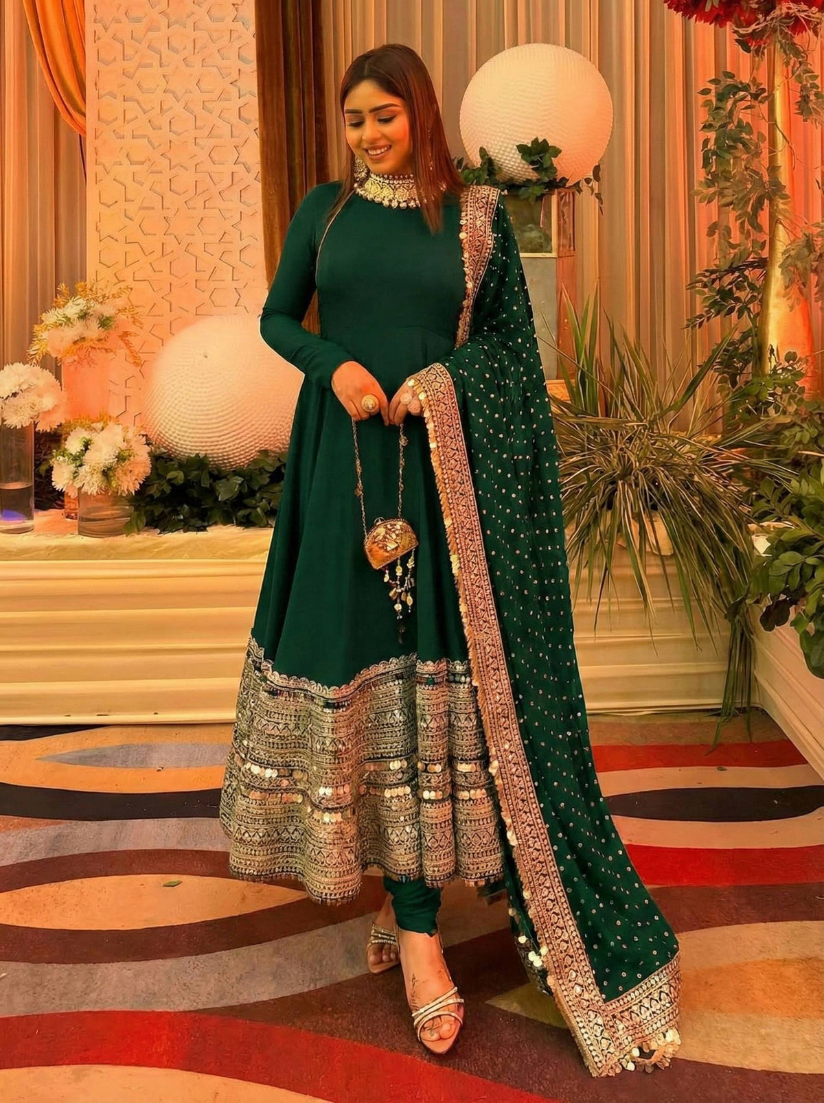 PREMIUM ROMAN SILK GREEN COLOR ANARKALI SUIT SET OF 3
