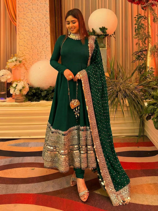 PREMIUM ROMAN SILK GREEN COLOR ANARKALI SUIT SET OF 3