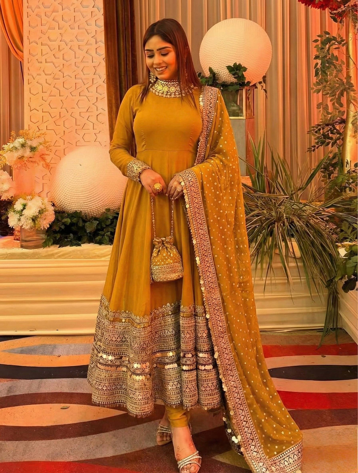 PREMIUM ROMAN SILK MUSTARD COLOR ANARKALI SUIT SET OF 3