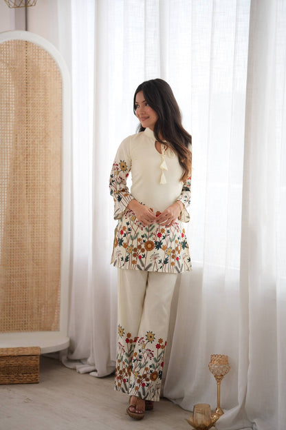 RAKHI SPECIAL CREAM MAGIC SLUB COTTON FLORAL PRINTED CO-ORD SET