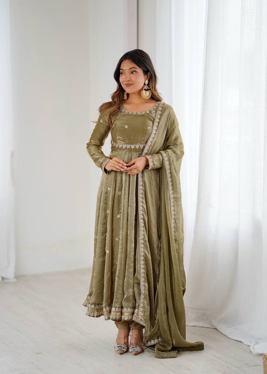 MEHNDI COLOR FANDY SILK BASE EMBROIDERED ANARKALI SUIT SET OF 3