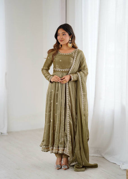MEHNDI COLOR FANDY SILK BASE EMBROIDERED ANARKALI SUIT SET OF 3