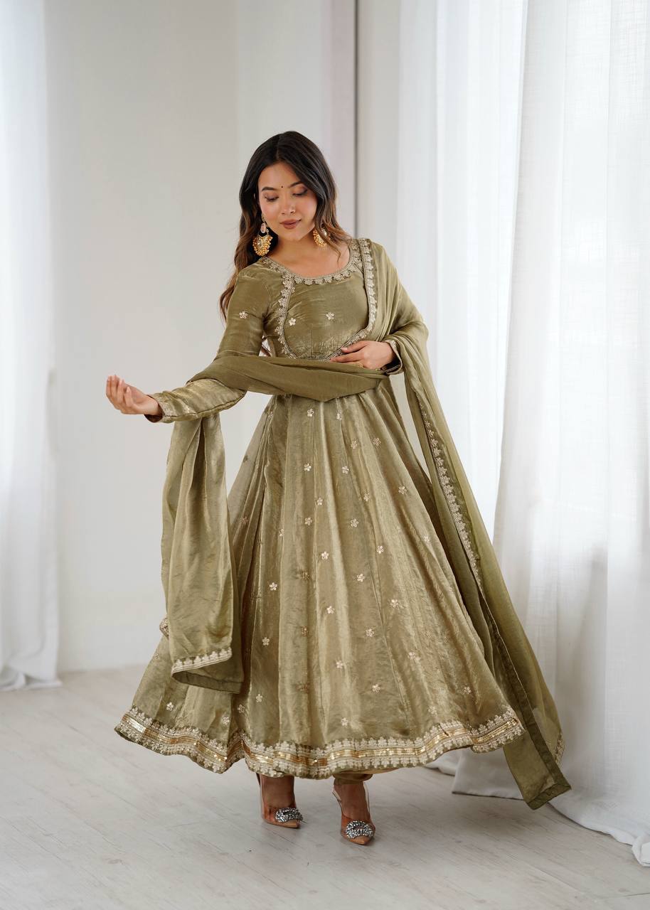 MEHNDI COLOR FANDY SILK BASE EMBROIDERED ANARKALI SUIT SET OF 3