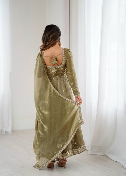 MEHNDI COLOR FANDY SILK BASE EMBROIDERED ANARKALI SUIT SET OF 3