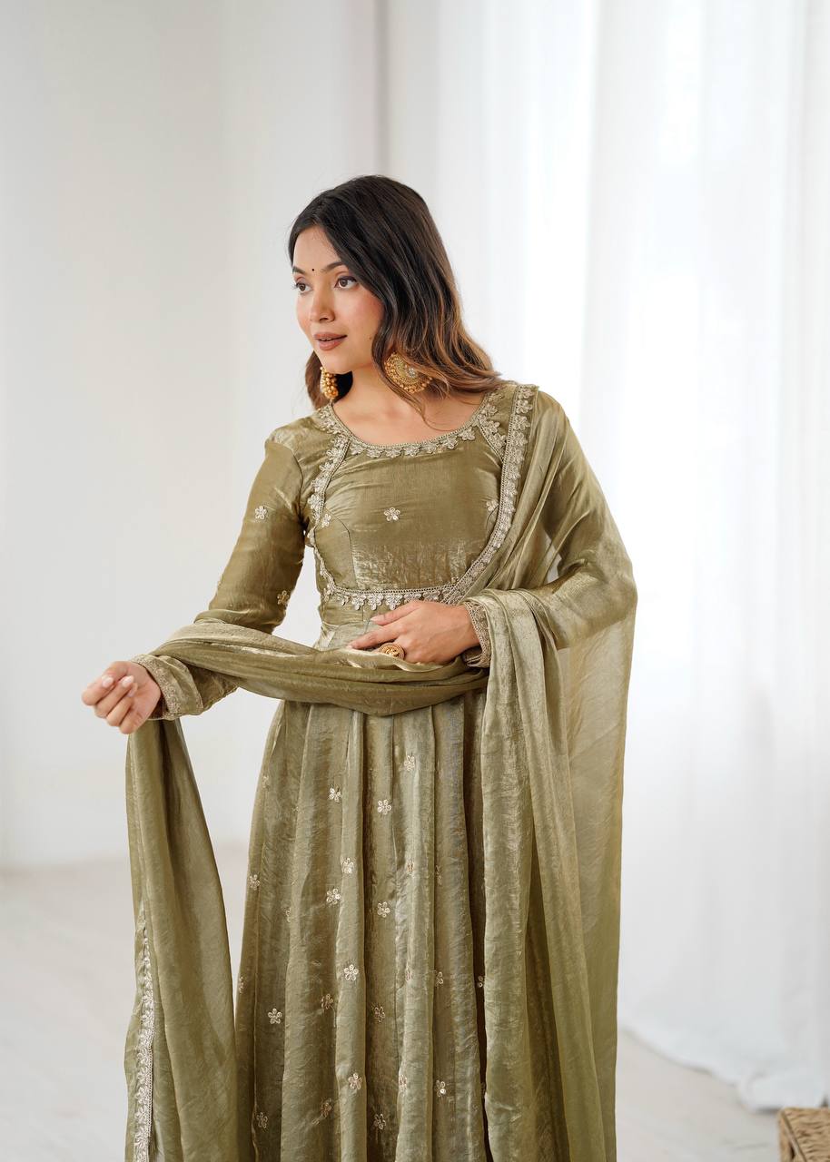 MEHNDI COLOR FANDY SILK BASE EMBROIDERED ANARKALI SUIT SET OF 3