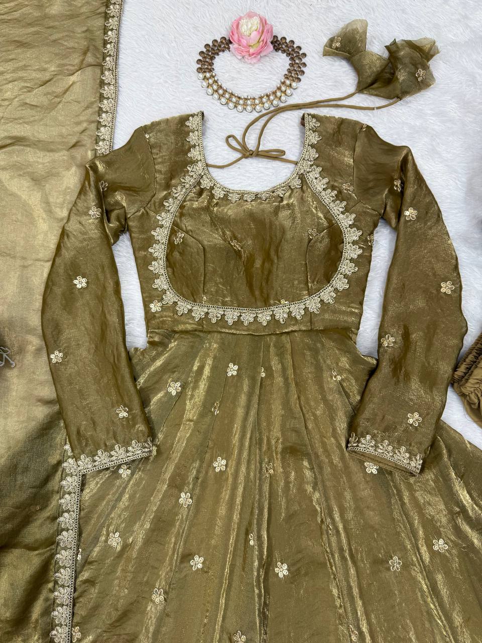 MEHNDI COLOR FANDY SILK BASE EMBROIDERED ANARKALI SUIT SET OF 3