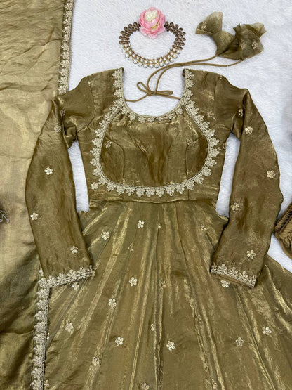 MEHNDI COLOR FANDY SILK BASE EMBROIDERED ANARKALI SUIT SET OF 3