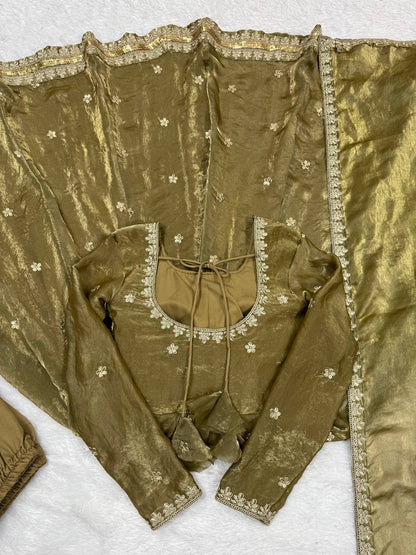 MEHNDI COLOR FANDY SILK BASE EMBROIDERED ANARKALI SUIT SET OF 3