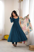DESIGNER TEAL BLUE ROMANSILK 16 KALI ANARKALI SUIT SET