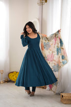 DESIGNER TEAL BLUE ROMANSILK 16 KALI ANARKALI SUIT SET