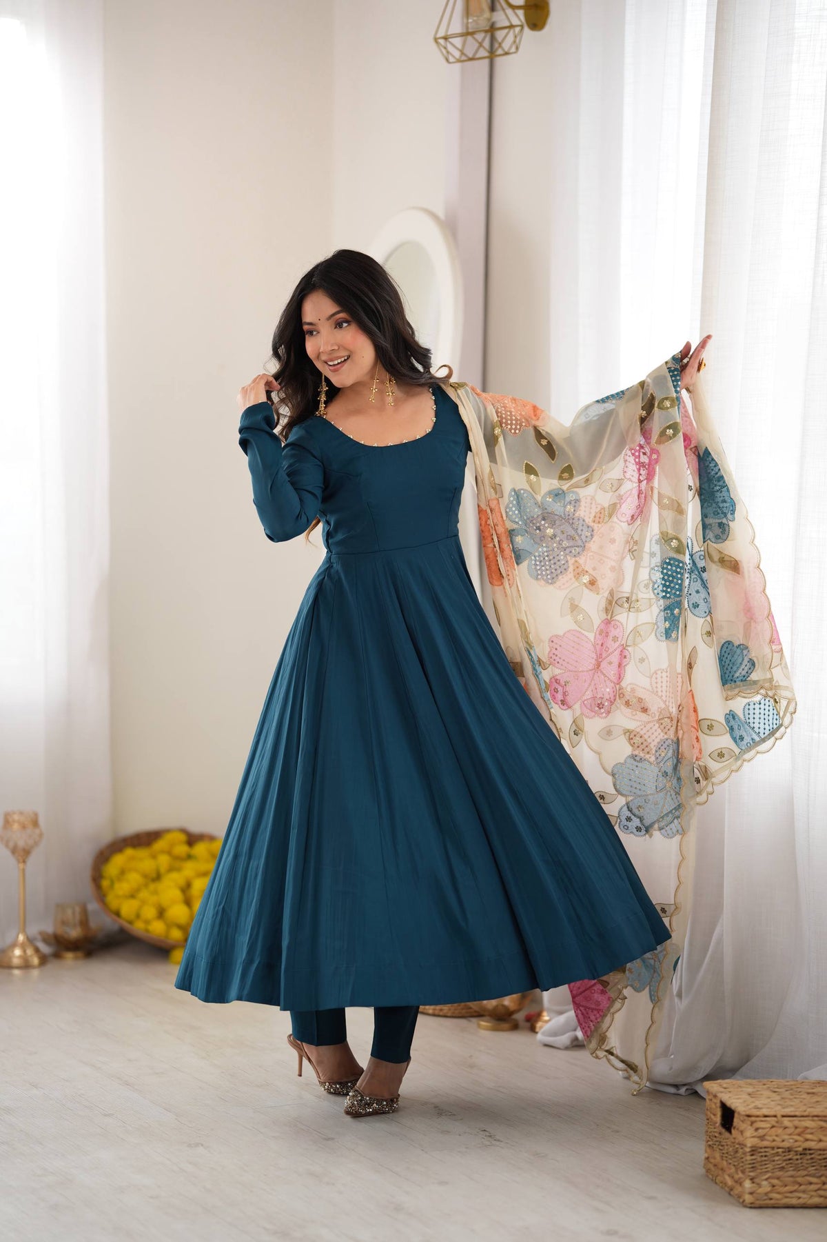 DESIGNER TEAL BLUE ROMANSILK 16 KALI ANARKALI SUIT SET