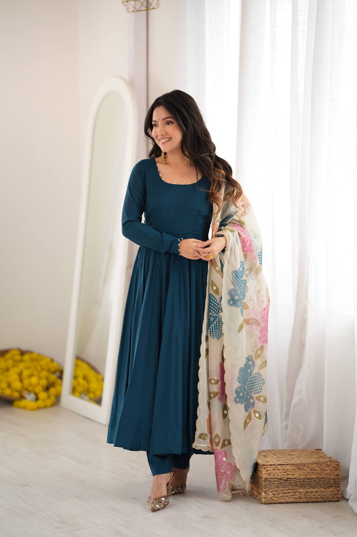 DESIGNER TEAL BLUE ROMANSILK 16 KALI ANARKALI SUIT SET