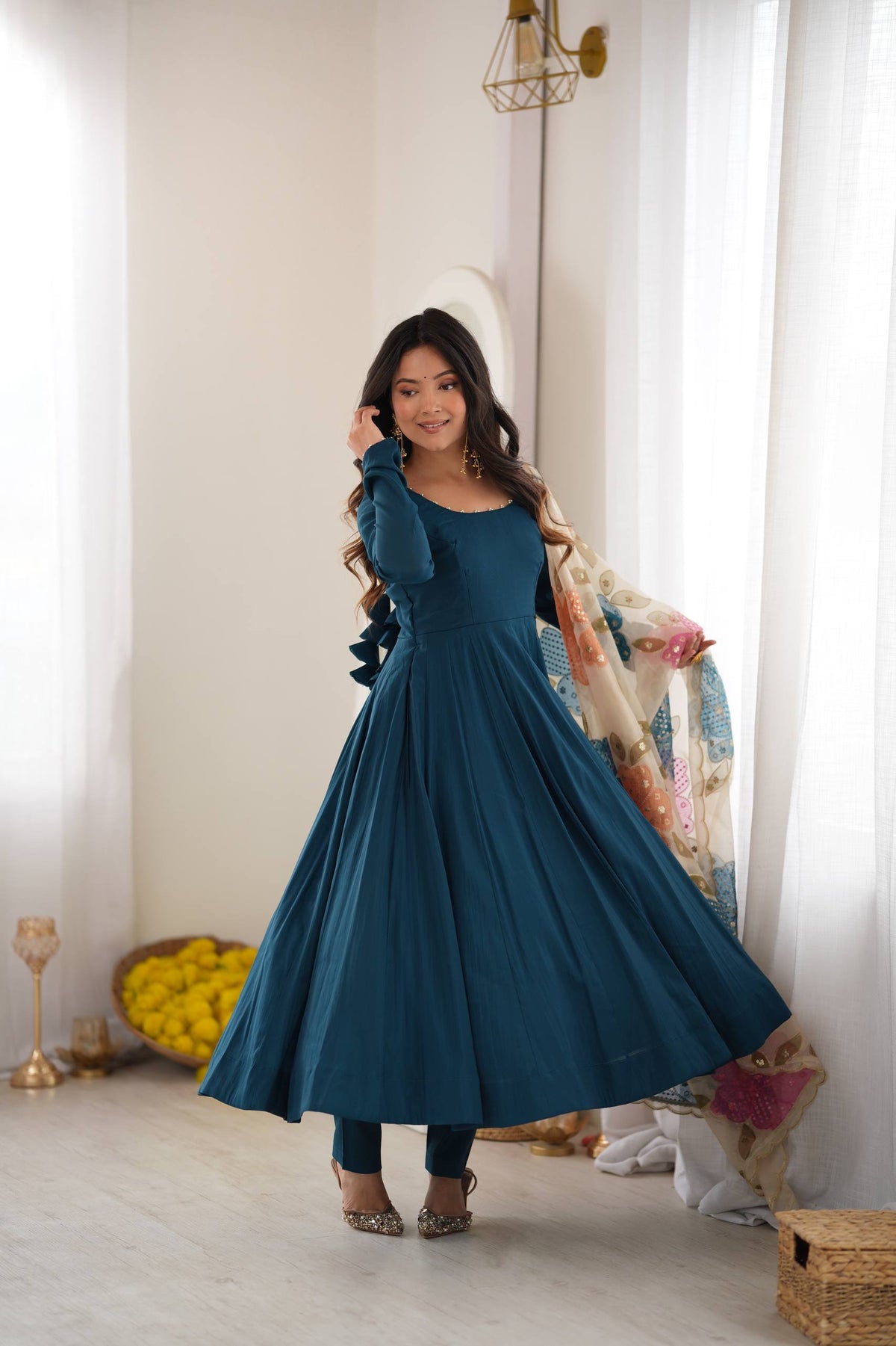 DESIGNER TEAL BLUE ROMANSILK 16 KALI ANARKALI SUIT SET