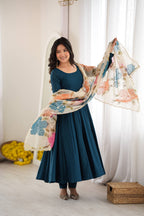 DESIGNER TEAL BLUE ROMANSILK 16 KALI ANARKALI SUIT SET