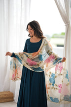 DESIGNER TEAL BLUE ROMANSILK 16 KALI ANARKALI SUIT SET