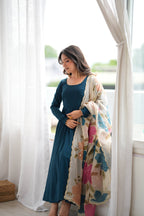 DESIGNER TEAL BLUE ROMANSILK 16 KALI ANARKALI SUIT SET