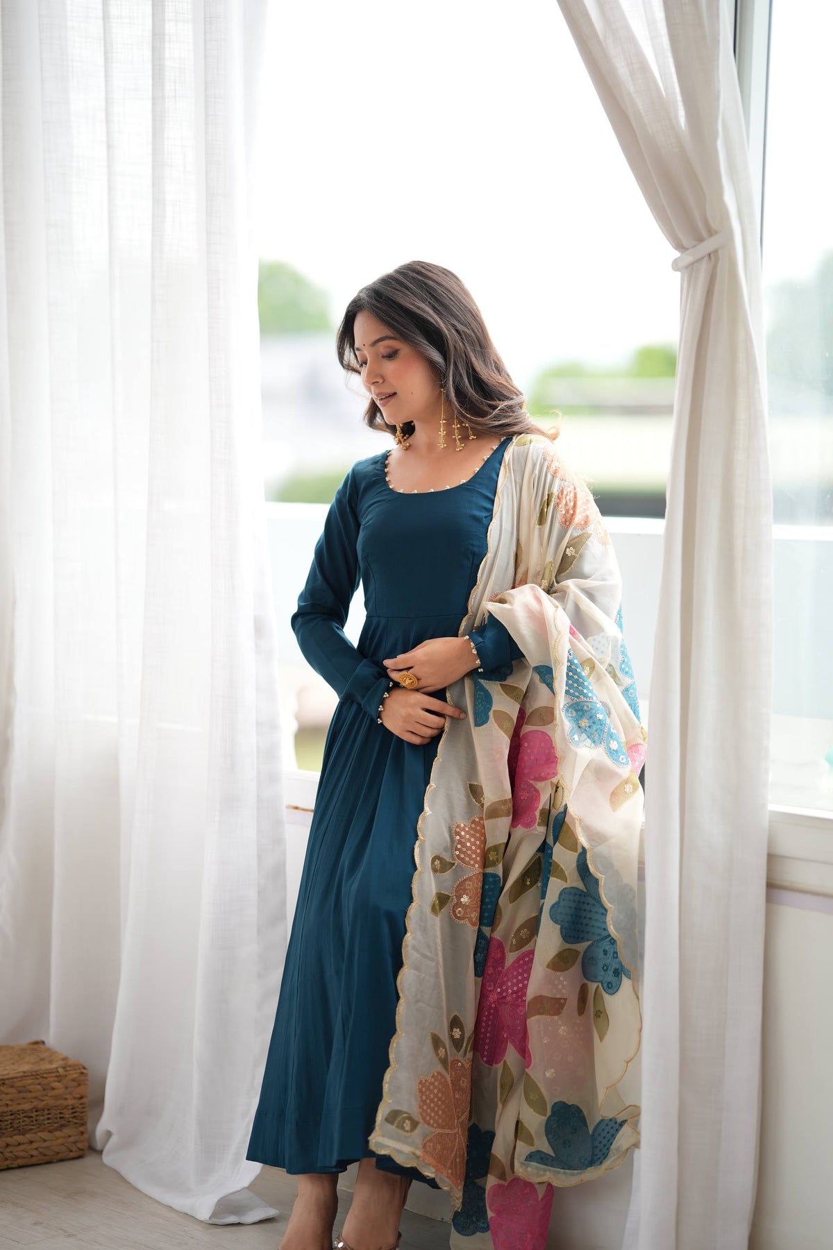 DESIGNER TEAL BLUE ROMANSILK 16 KALI ANARKALI SUIT SET