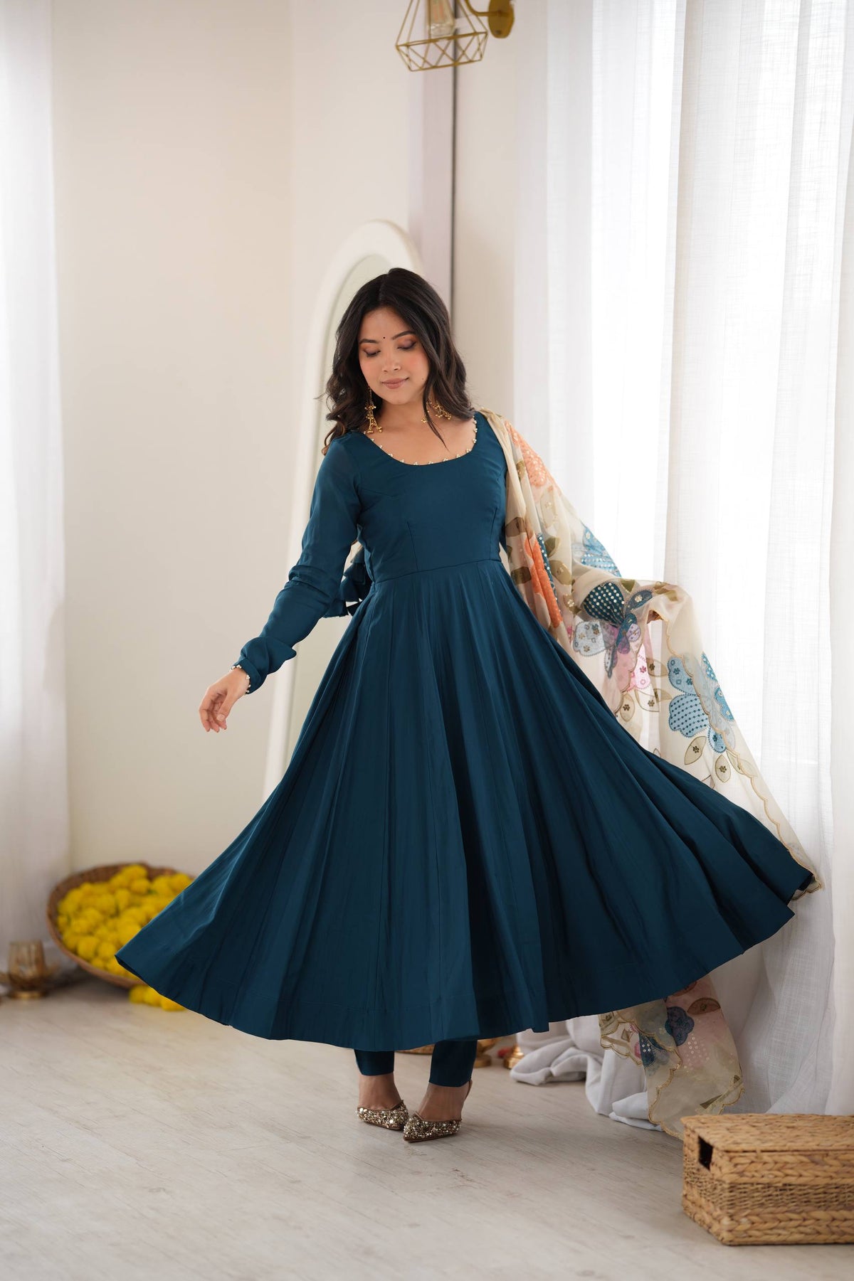 DESIGNER TEAL BLUE ROMANSILK 16 KALI ANARKALI SUIT SET