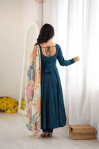DESIGNER TEAL BLUE ROMANSILK 16 KALI ANARKALI SUIT SET
