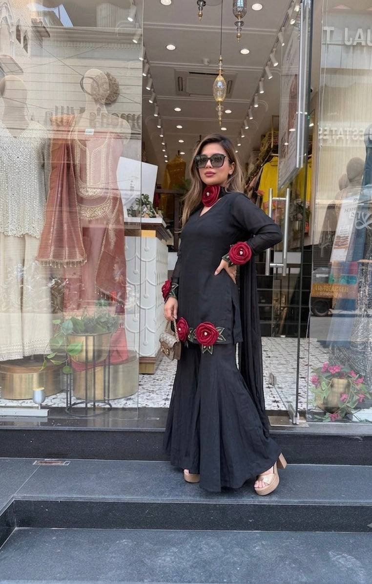 BLACK ROMAN SILK HAND FLOWER EMBROIDERED KURTI PALAZZO SET WITH DUPATTA