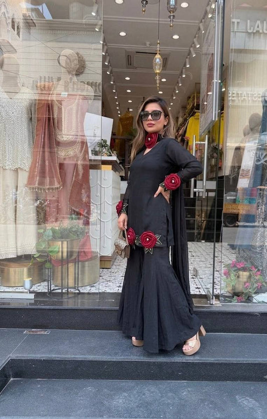 BLACK ROMAN SILK HAND FLOWER EMBROIDERED KURTI PALAZZO SET WITH DUPATTA