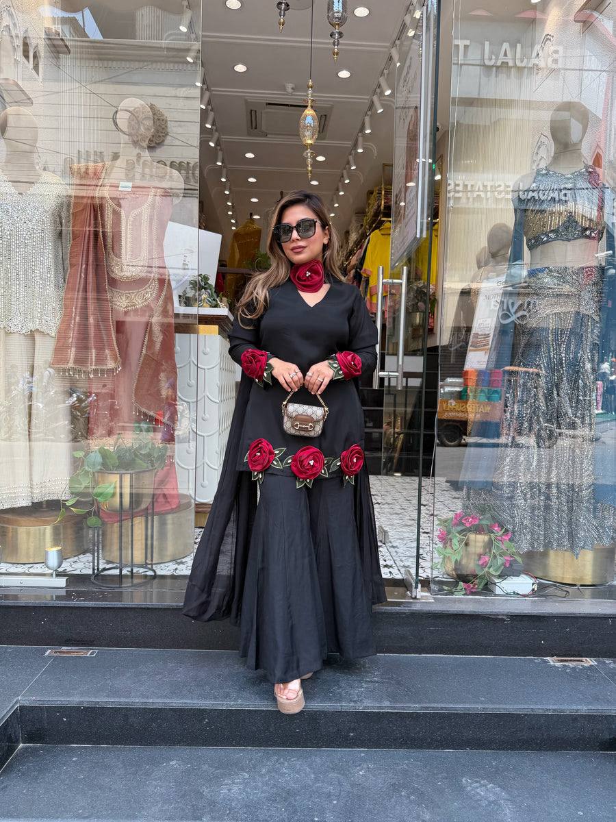 BLACK ROMAN SILK HAND FLOWER EMBROIDERED KURTI PALAZZO SET WITH DUPATTA