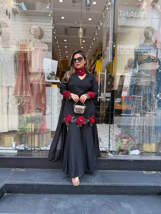 BLACK ROMAN SILK HAND FLOWER EMBROIDERED KURTI PALAZZO SET WITH DUPATTA