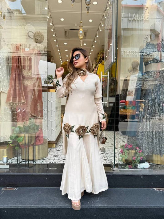 IVORY WHITE ROMAN SILK HAND FLOWER EMBROIDERED KURTI PALAZZO SET WITH DUPATTA