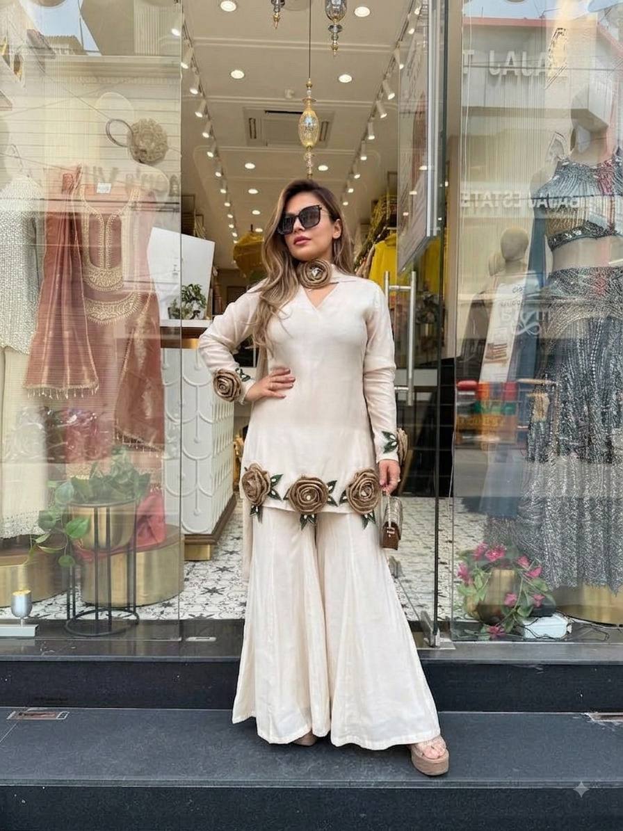 IVORY WHITE ROMAN SILK HAND FLOWER EMBROIDERED KURTI PALAZZO SET WITH DUPATTA