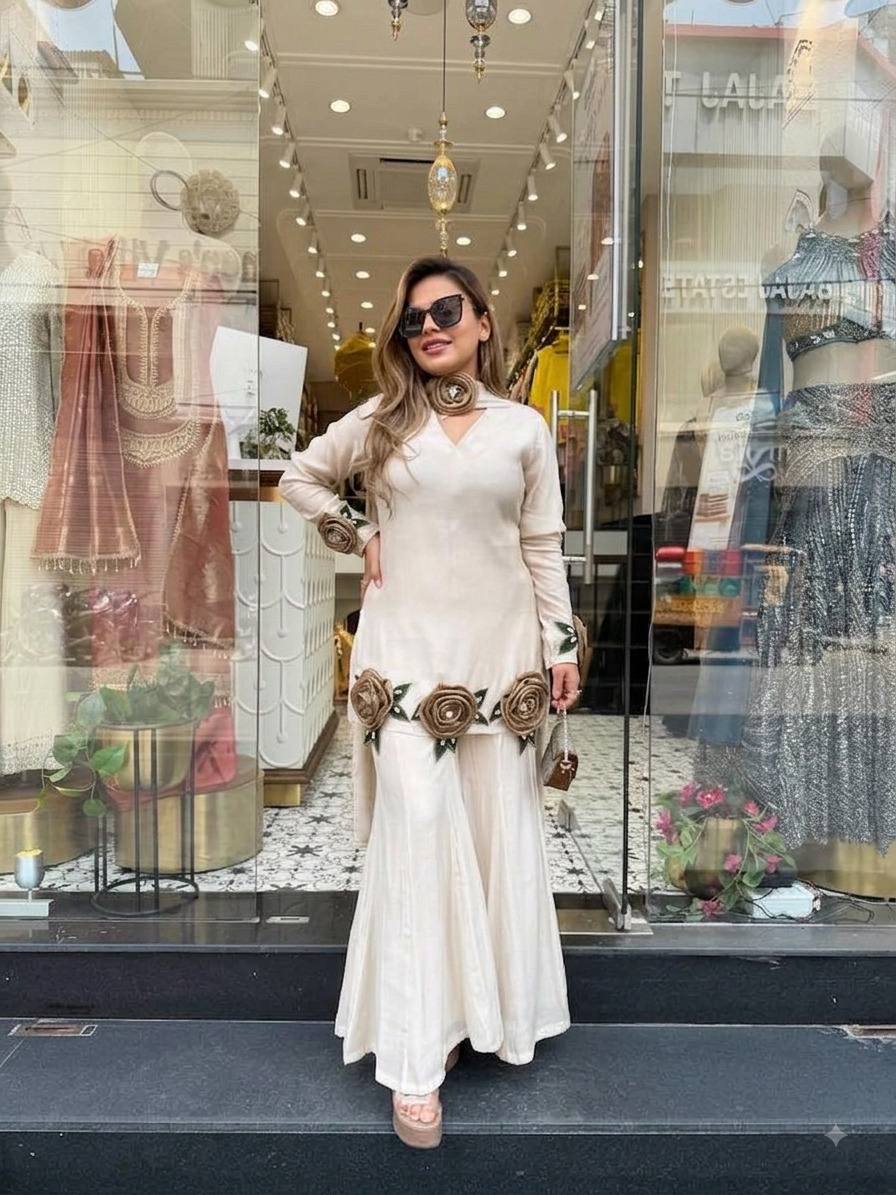 IVORY WHITE ROMAN SILK HAND FLOWER EMBROIDERED KURTI PALAZZO SET WITH DUPATTA