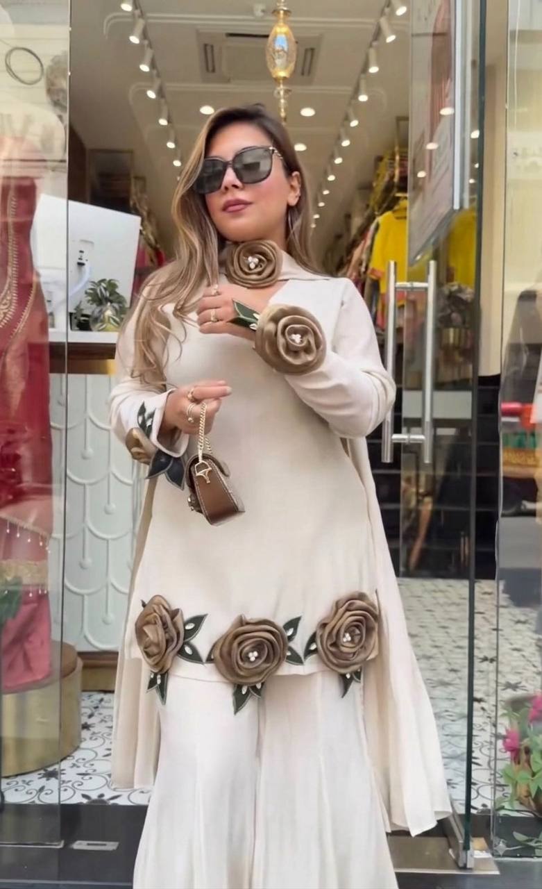 IVORY WHITE ROMAN SILK HAND FLOWER EMBROIDERED KURTI PALAZZO SET WITH DUPATTA