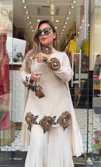IVORY WHITE ROMAN SILK HAND FLOWER EMBROIDERED KURTI PALAZZO SET WITH DUPATTA