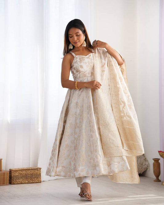 WHITE BANARASI JACQUARD DOLA SILK ANARKALI SUIT