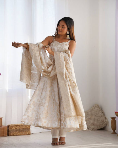 WHITE BANARASI JACQUARD DOLA SILK ANARKALI SUIT