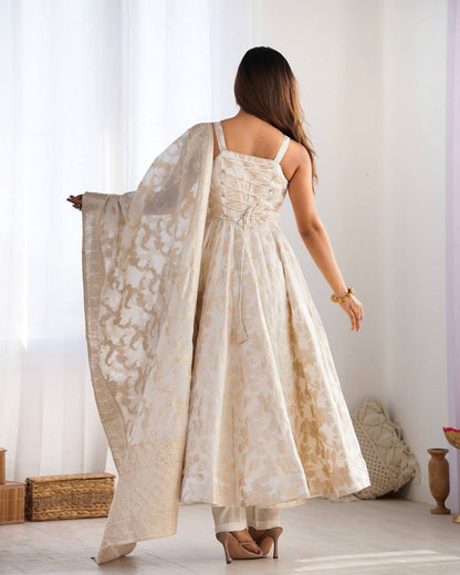 WHITE BANARASI JACQUARD DOLA SILK ANARKALI SUIT