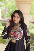 KASHVI BLACK GAMTHI EMBROIDERED MIRROR WORK NAVRATRI LEHENGA CHOLI