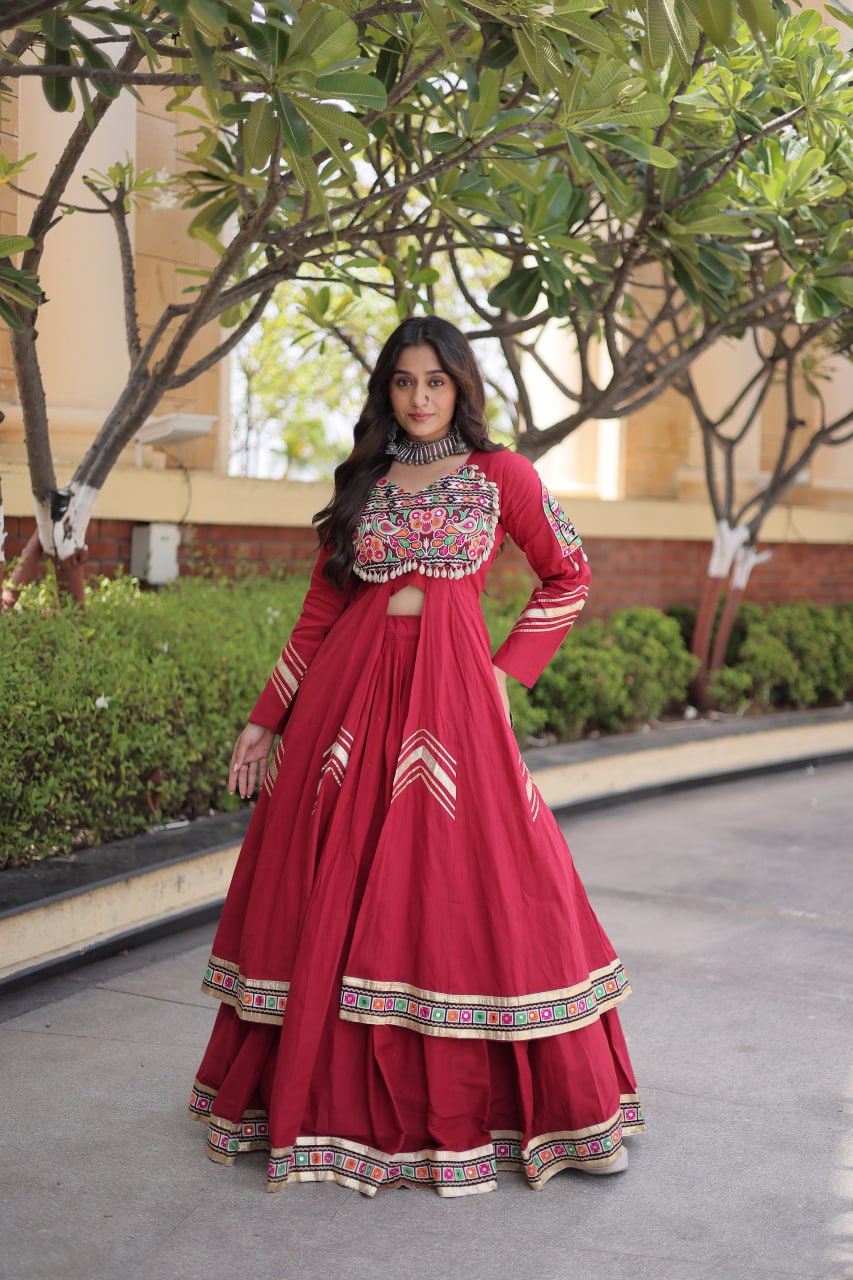 KASHVI MAROON GAMTHI EMBROIDERED MIRROR WORK NAVRATRI LEHENGA CHOLI
