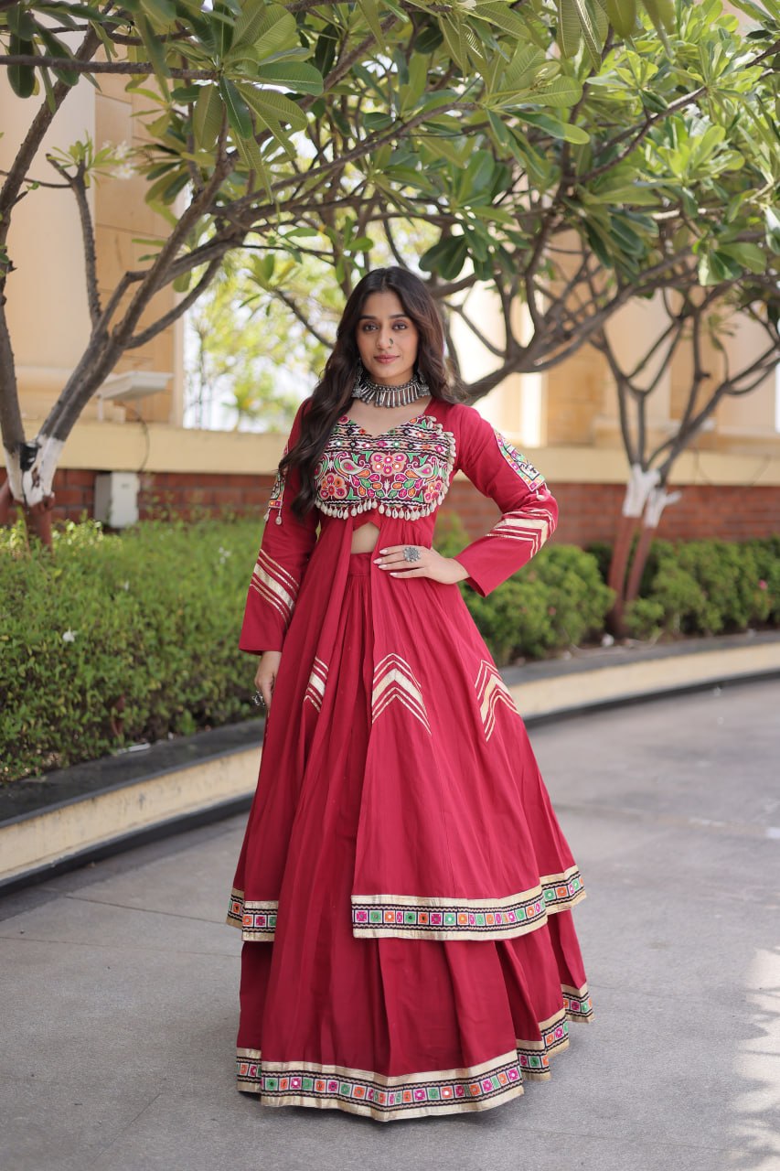 KASHVI MAROON GAMTHI EMBROIDERED MIRROR WORK NAVRATRI LEHENGA CHOLI