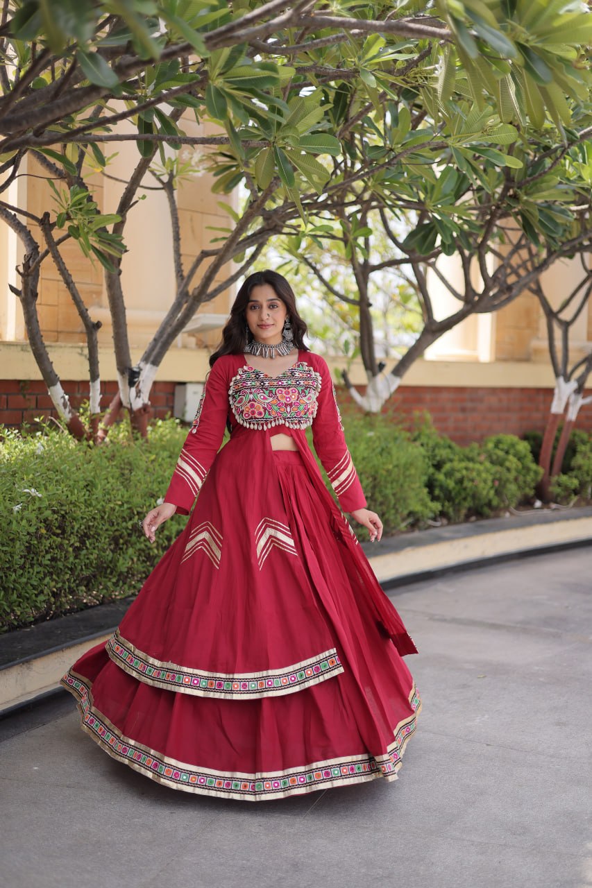 KASHVI MAROON GAMTHI EMBROIDERED MIRROR WORK NAVRATRI LEHENGA CHOLI
