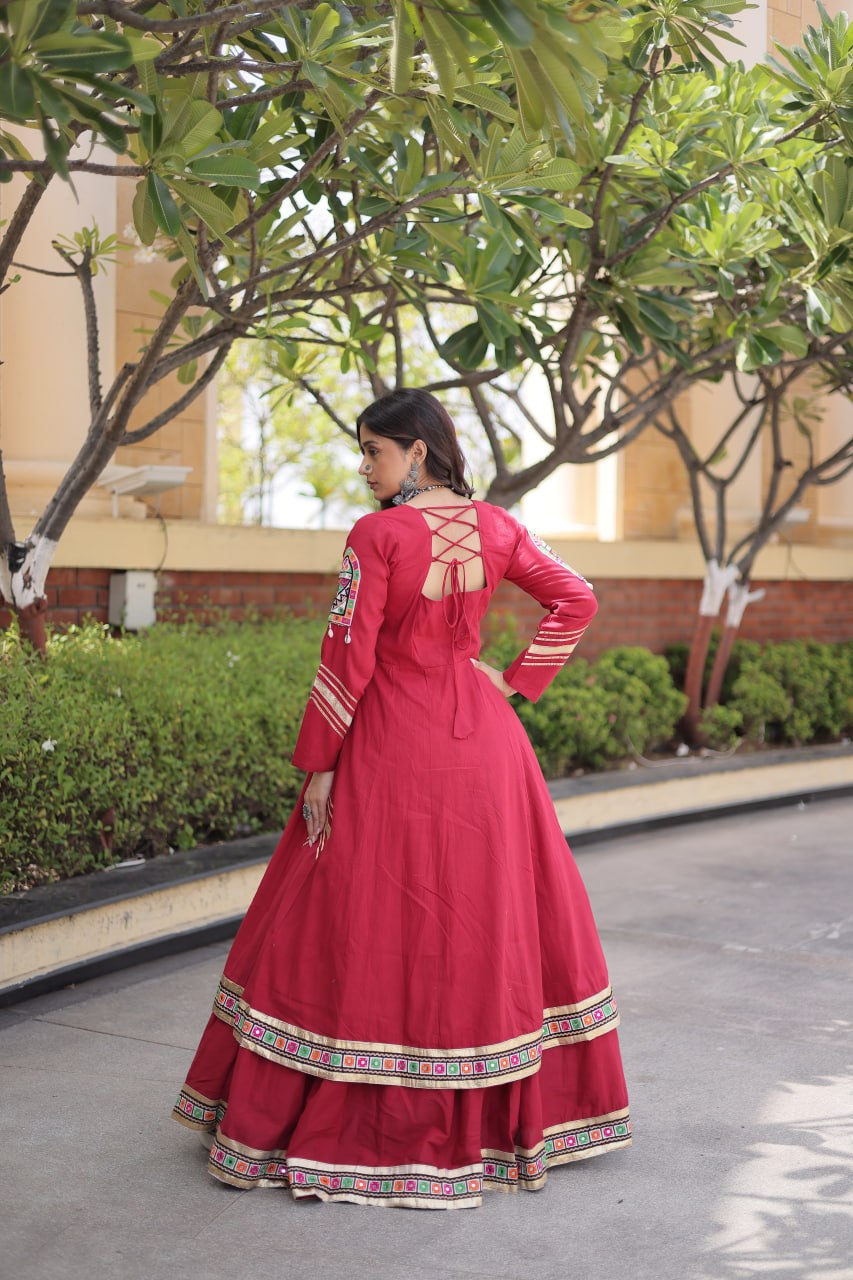 KASHVI MAROON GAMTHI EMBROIDERED MIRROR WORK NAVRATRI LEHENGA CHOLI