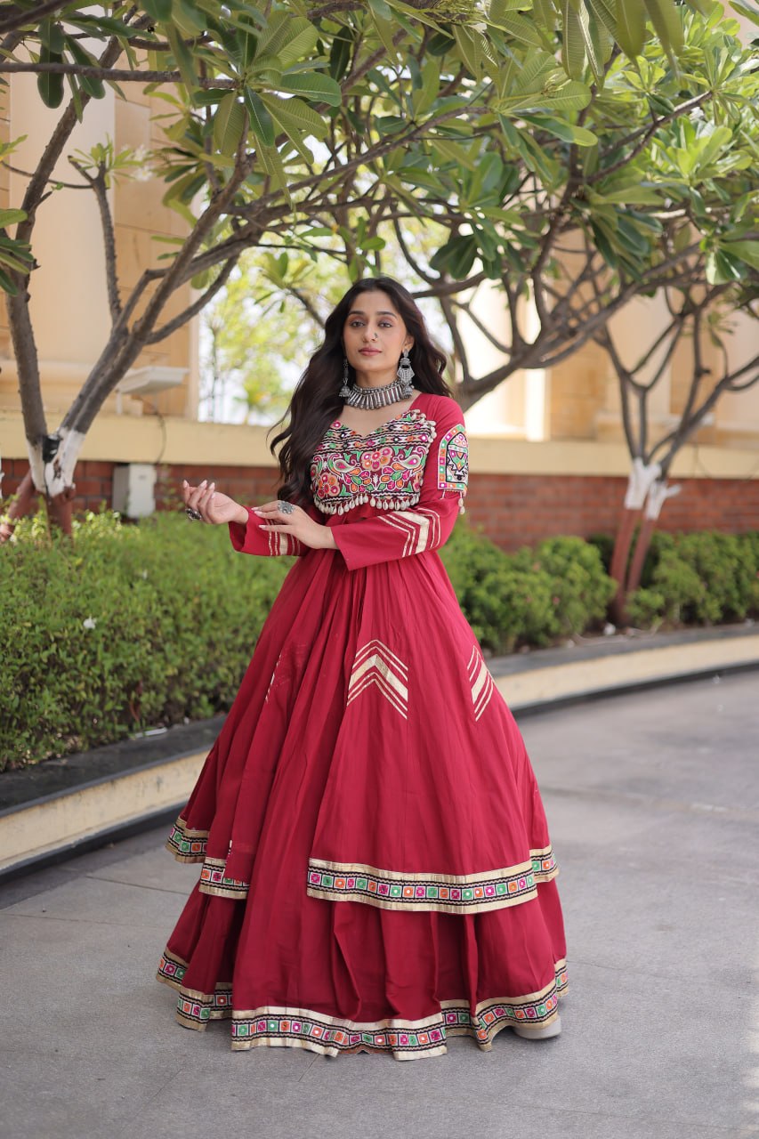 KASHVI MAROON GAMTHI EMBROIDERED MIRROR WORK NAVRATRI LEHENGA CHOLI