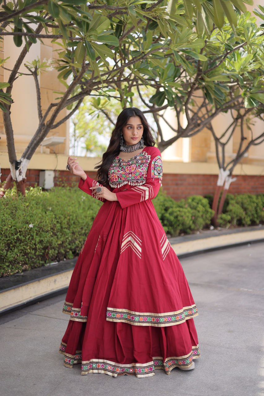 KASHVI MAROON GAMTHI EMBROIDERED MIRROR WORK NAVRATRI LEHENGA CHOLI