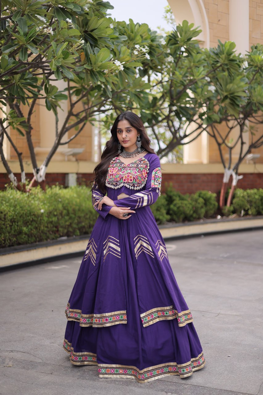 KASHVI PURPLE GAMTHI EMBROIDERED MIRROR WORK NAVRATRI LEHENGA CHOLI