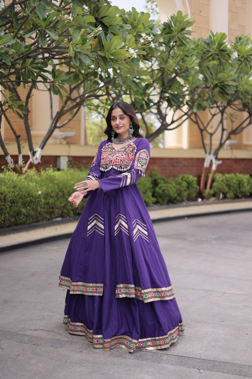 KASHVI PURPLE GAMTHI EMBROIDERED MIRROR WORK NAVRATRI LEHENGA CHOLI
