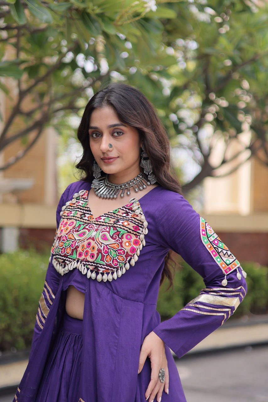 KASHVI PURPLE GAMTHI EMBROIDERED MIRROR WORK NAVRATRI LEHENGA CHOLI